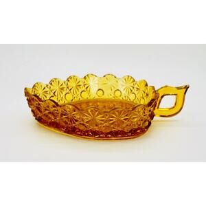 Vintage LE Smith Glass Amber Daisy Button Candy Dish Heart Shape Handle